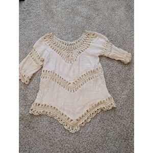 Vivid Importers NY Cream Crochet Lace Gauze Boho Sharkbite Tunic Top Womens Med